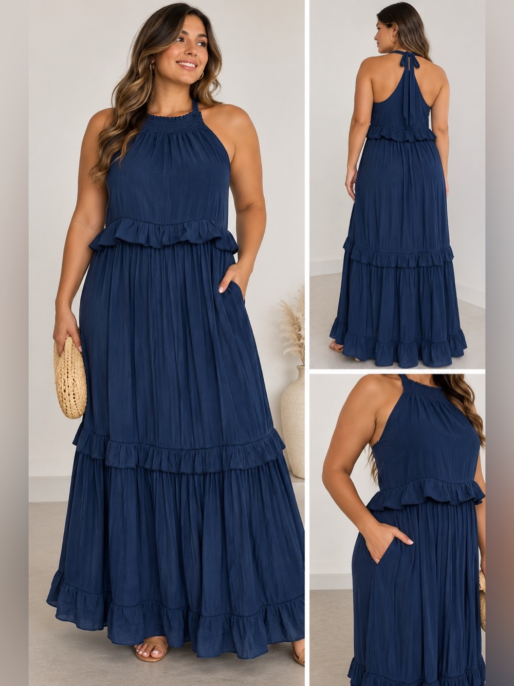 Sleeveless Navy Halter Tiered Maxi Dress